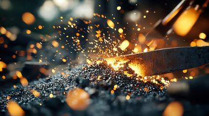 captivating view of steel forging, showcasing glowing sparks and molten metal. dynamic scene highlights artistry and craftsmanship involved