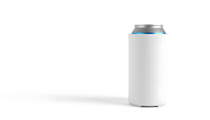 Blank white collapsible beer can koozie mock up isolated, 500 ml side view, 3d rendering. Empty neoprene cooler holder mockup tin beverage. Plain drinkware hugger design template. Clear soda sleeve,