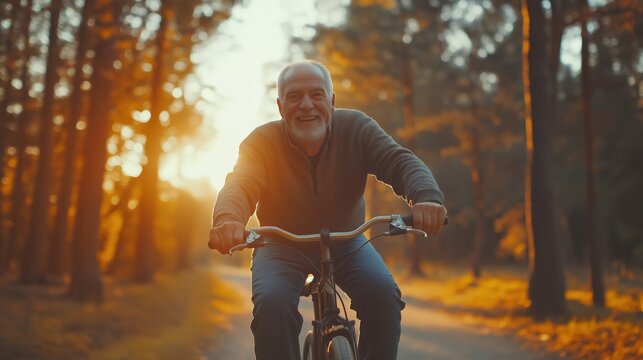 happy senior man riding his bicycle on a forest path surrounded by autumn trees at sunset
