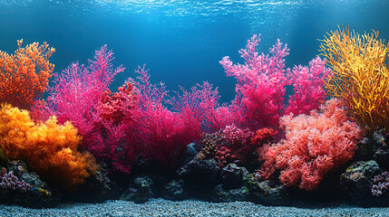 Fototapeta premium Vibrant underwater coral garden showcasing colorful marine life in a serene ocean setting. Generative AI