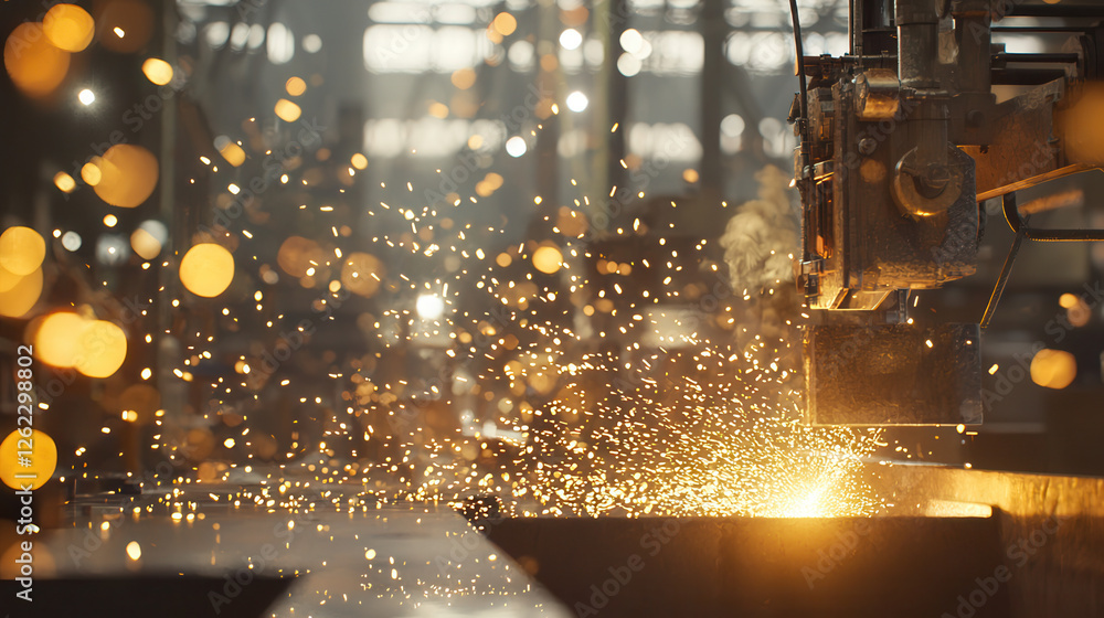 Poster artistic rendering of steel forging process with sparks flying factory. scene captures dynamic energ