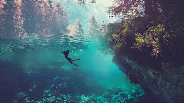  Leap of faith: Person dives from cliff into crystal-clear water, arms outstretched, embracing freedom. Adventurous & exhilarating.