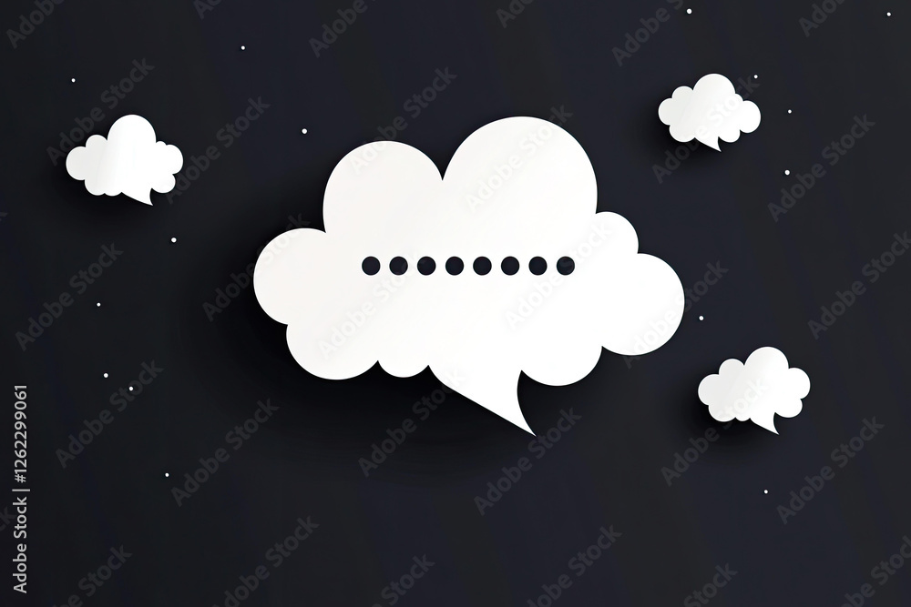 Poster white cloud shaped speech bubbles on dark background with dotted line representing missing text or d