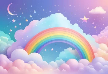 Wanddecoratie Regenboog Holographic fantasy rainbow unicorn background with clouds. Pastel color sky. Magical landscape, abstract fabulous pattern. Cute candy wallpaper  © Choyan