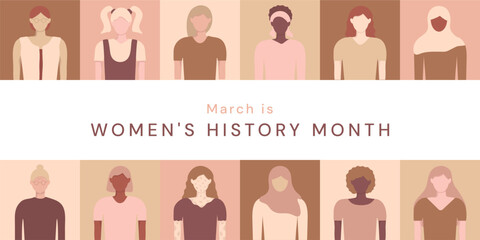 March is Women's History Month geometric square shapes background template. Faceless diversity girl in pastel color for banner, placard, card, and poster design template