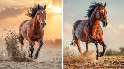 Majestic brown horse gallops through sandy terrain at sunset showcasing speed and grace in the open field. Generative AI