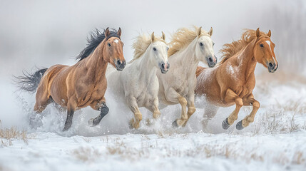 Horses running through snowy field in winter wonderland under soft light showcasing their grace and beauty. Generative AI