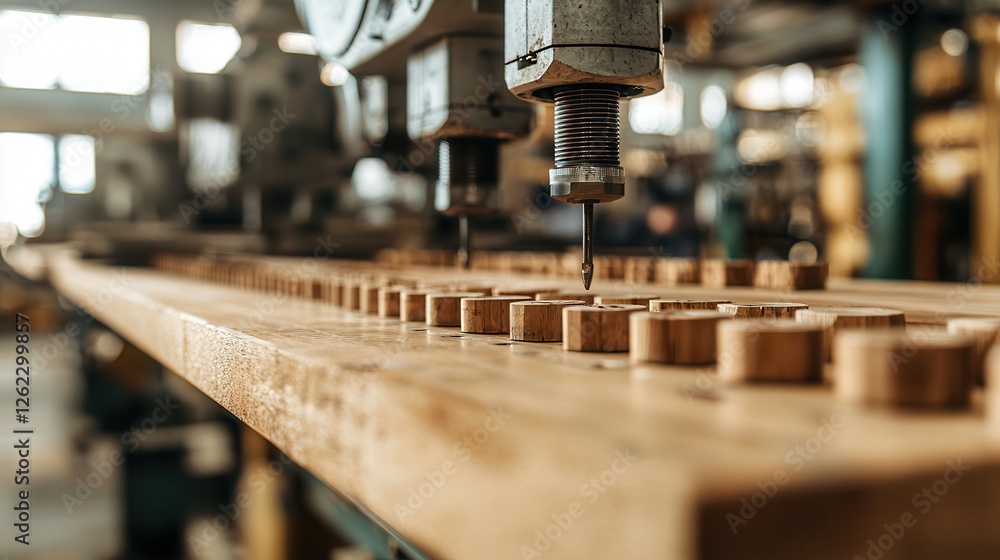 Poster automated woodworking machinery creating wooden pieces in factory setting. scene captures precision 