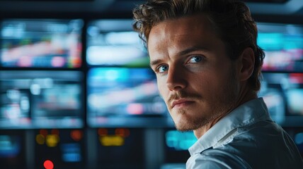 A young male data analyst is deeply engaged in analyzing F1 performance data while monitoring multiple screens in a high-tech control room.
