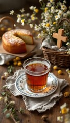Fototapeta premium Rustic tea setting with chamomile, cake, and basket on wooden table
