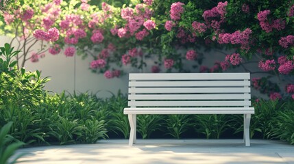 A white bench sits in a garden with pink flowers in the background. The bench is empty and surrounded by greenery