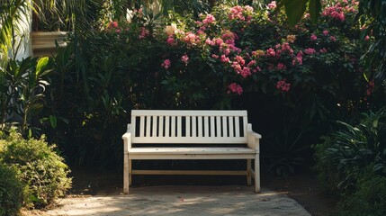 A white bench sits in a garden with pink flowers in the background. The bench is empty and surrounded by greenery