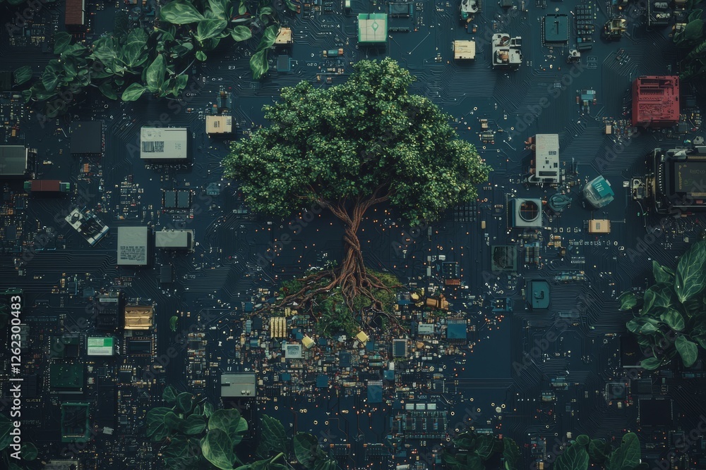Poster a stock tree with sparkling circuits stands in a digital forest under the stars, signifying the conv