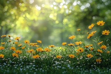 Fototapeta premium Sunny green meadow with yellow spring flowers