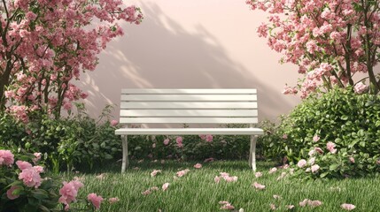 A white bench sits in a garden with pink flowers in the background. The bench is empty and surrounded by greenery