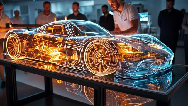 Innovation Unveiled: Engineers and designers gather around a transparent car model, revealing its intricate internal workings, bathed in a glow of innovation and expertise.
