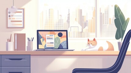 Fototapeta premium Modern Home Office Sunlit Desk Laptop Cat City View