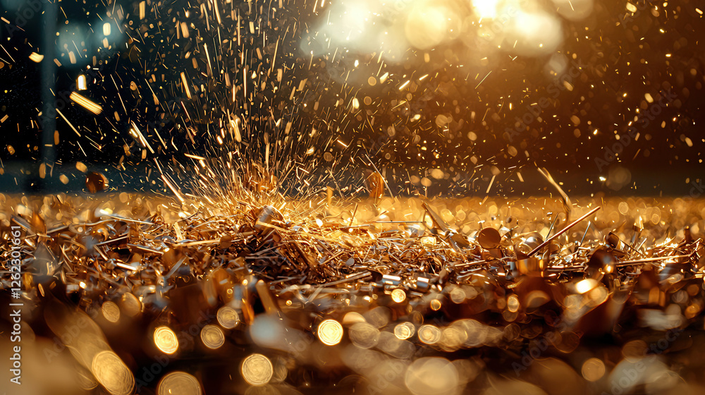 Poster close up of shimmering metal shavings with sparkling light reflections, creating dynamic and vibrant