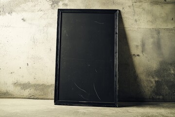 blank mockup of retro poster in black wooden frame leaning against concrete floor