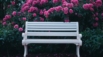 A white bench sits in a garden with pink flowers in the background. The bench is empty and surrounded by greenery