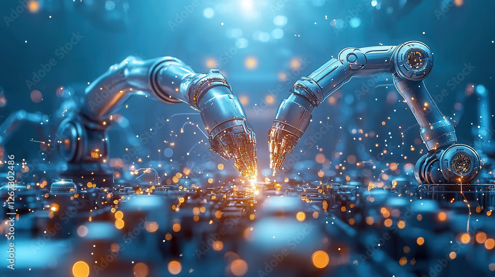 Poster robotic arms working together in high tech environment, showcasing precision and innovation in autom