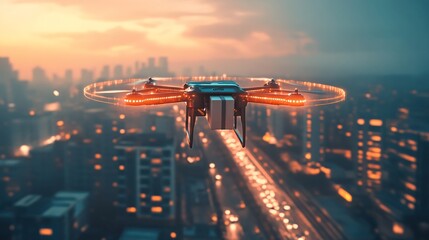A futuristic drone with a package suspended in mid-air, zooming above a blurred city skyline, representing modern urban transportation and logistics solutions.