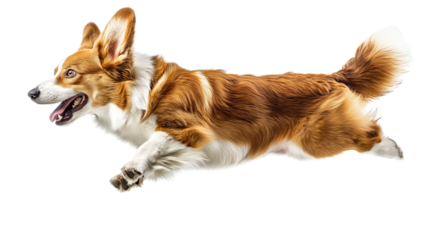 Welsh Corgi dog joyfully jumping in side view against a plain background
