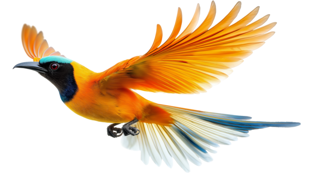 Colorful paradise flycatcher in mid-flight showcasing vibrant plumage and unique features