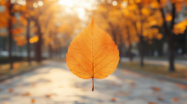 Autumn leaf glowing in sunlight with blurred fall forest background, showcasing natural seasonal transformation and golden hour lighting