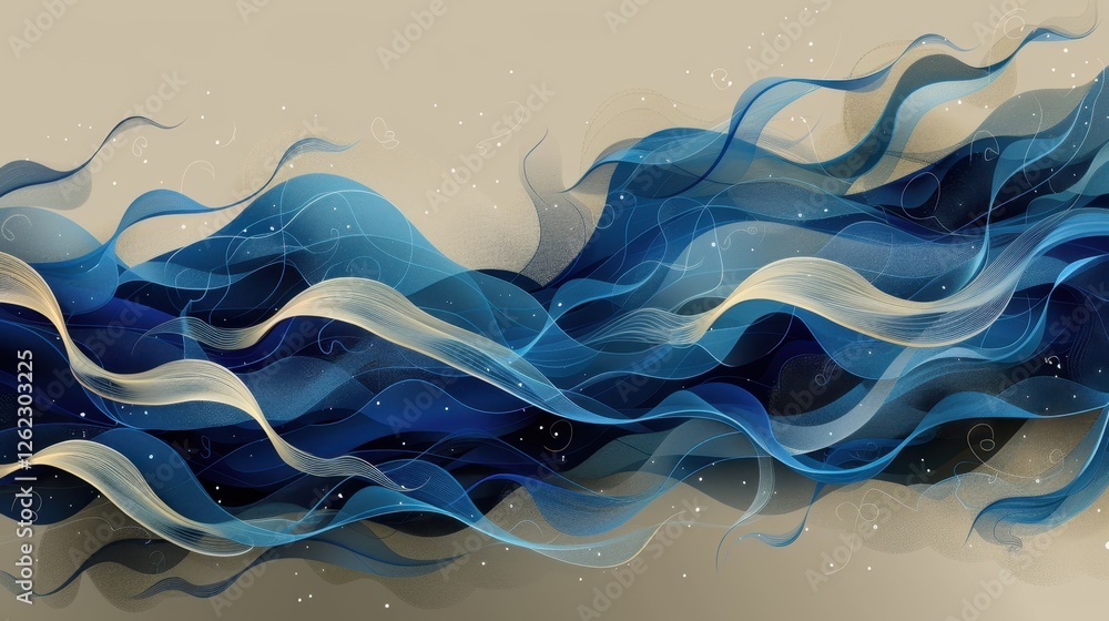 Poster abstract blue wavy pattern with fluid motion and swirling shapes on neutral background