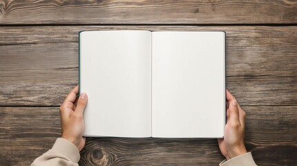 A person is holding a book open to a blank page