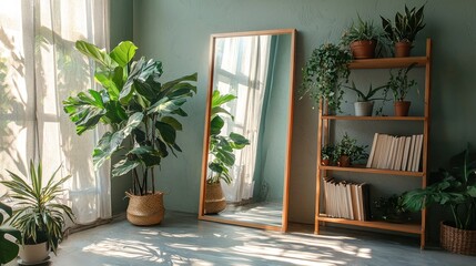 Fototapeta premium Sunlit Interior with Plants and Bookshelf