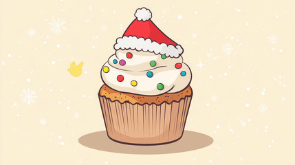 Cartoon groovy Christmas cupcake character. Funky vector muffin dessert with cream and sprinkles. Holiday bakery personage laughing, exudes cheerful festive vibes. Kawaii confectionery sweet cake