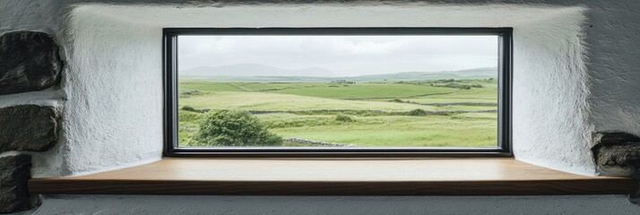Obraz premium Stone window reveals idyllic pastoral landscape view