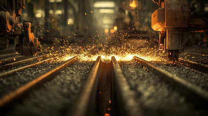 Obraz premium detailed portrayal of steel beam fabrication with sparks flying in factory setting, showcasing industrial machinery and processes