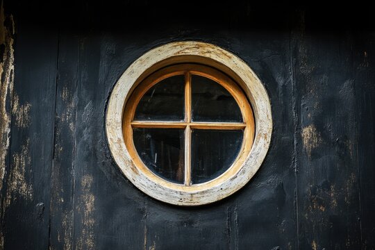 Fototapeta A round window with four panes on a black wall