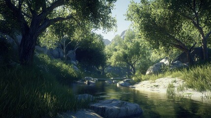 Obraz premium Sunny forest creek flowing through lush landscape