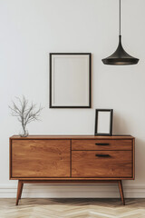 Mid-century modern sideboard, blank art print, minimalist interior