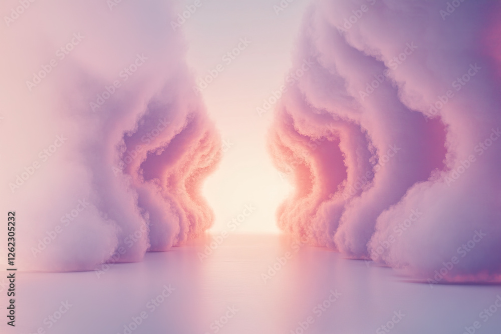 Poster unique cloud formations creating a surreal path towards the glowing horizon during sunset