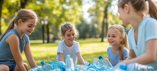A Joyful Family Activity Sorting Recyclables Together in a Serene Park Environment
