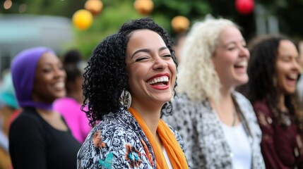 Obraz premium A joyful gathering of women of different backgrounds at an outdoor event, celebrating with laughter, music, and festive decorations.
