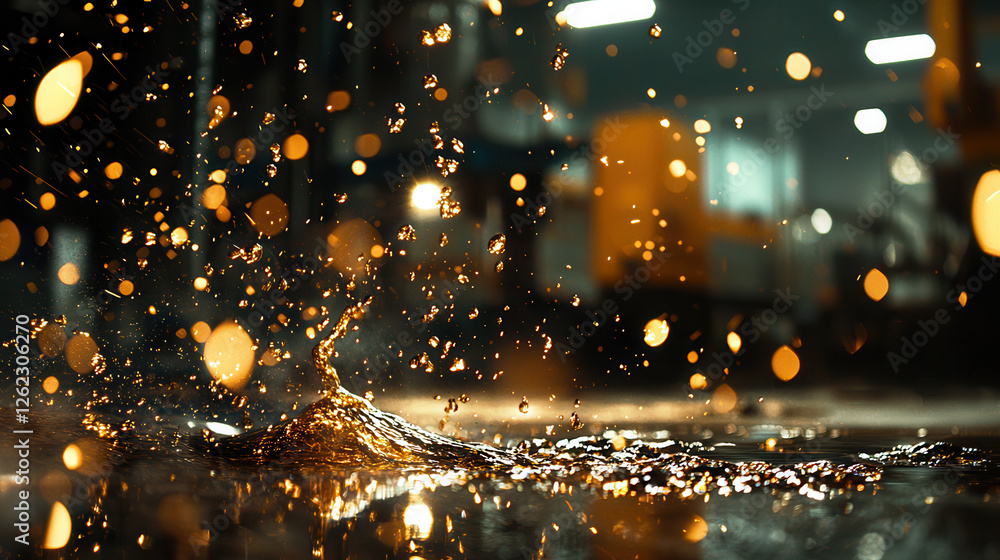 Poster water splashes create dynamic patterns with golden reflections in facility. vibrant scene captures e