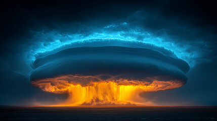Supercell storm cloud illuminated from within by sunset glow, showcasing dramatic weather phenomenon over dark landscape