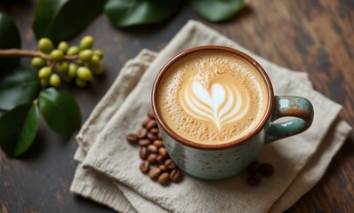 Coffee cup with latte art and beans