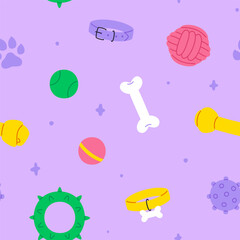 Dog accessories cartoon pattern. Seamless vector print with pet supplies.