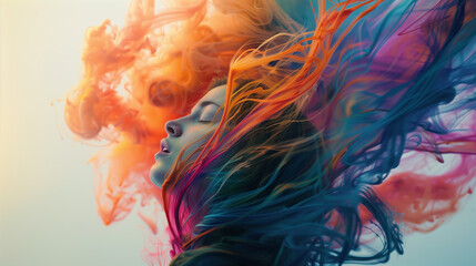 Obraz premium A dreamlike portrait where a person’s hair morphs into vibrant, swirling paint strokes, blending the boundaries of reality and imagination in an explosion of color.