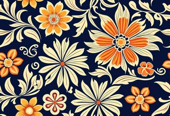 Seamless pattern with stylized ornamental flowers in retro, vintage style. Illustration on navy blue background