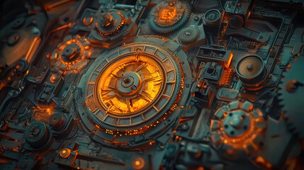 Fototapeta premium Intricate mechanical gears and components with glowing orange accents, showcasing complex design and industrial aesthetic