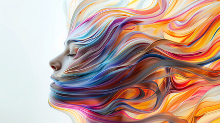 A dreamlike portrait where a person’s hair morphs into vibrant, swirling paint strokes, blending the boundaries of reality and imagination in an explosion of color.