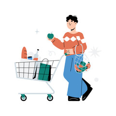 Male Shopper With Grocery Cart And Fresh Products In Flat Vector Illustration Symbolizing Healthy Lifestyle, Supermarket Shopping, And Grocery Purchases, Isolated On White Background
